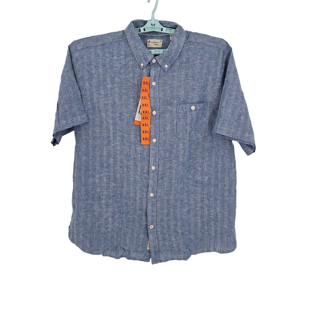 Weatherproof Vintage Blue Shirt Men's Washable Linen Short Sleeve Size XXL - Picture 2 of 8